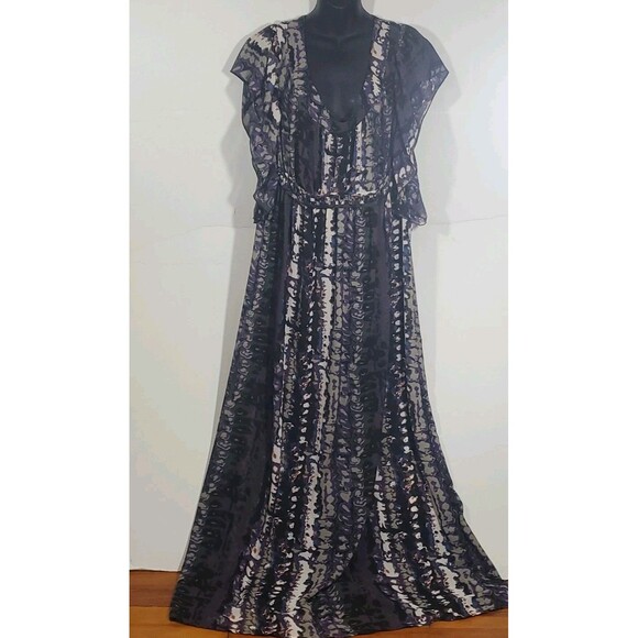 Loop Size 18 Abstract Print Ruffled Sheer Cover-Up Maxi Dress Beach Whimsical - Picture 1 of 13